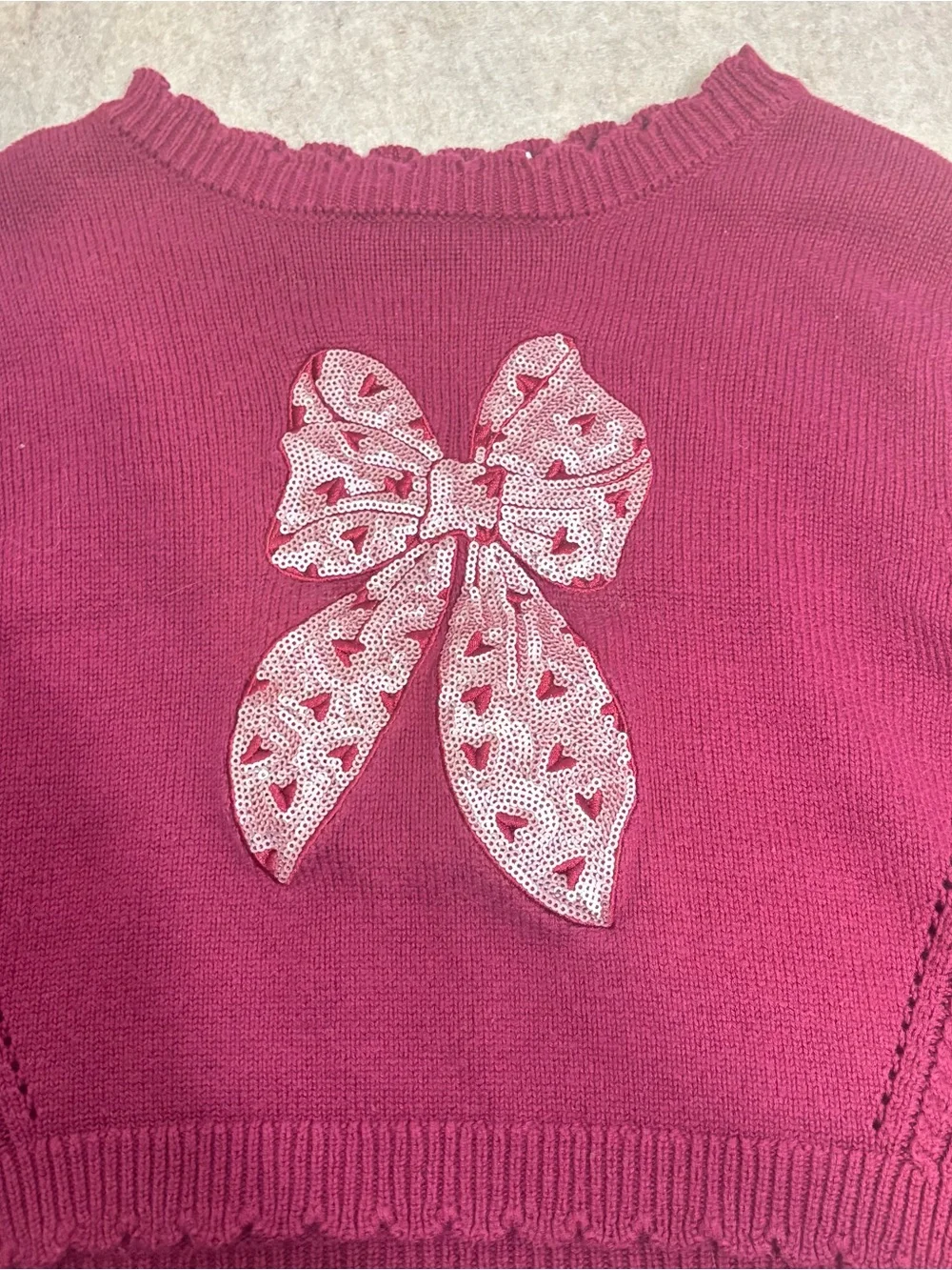 Rare Editions Burgundy Cropped Sweater with Bow Applique
